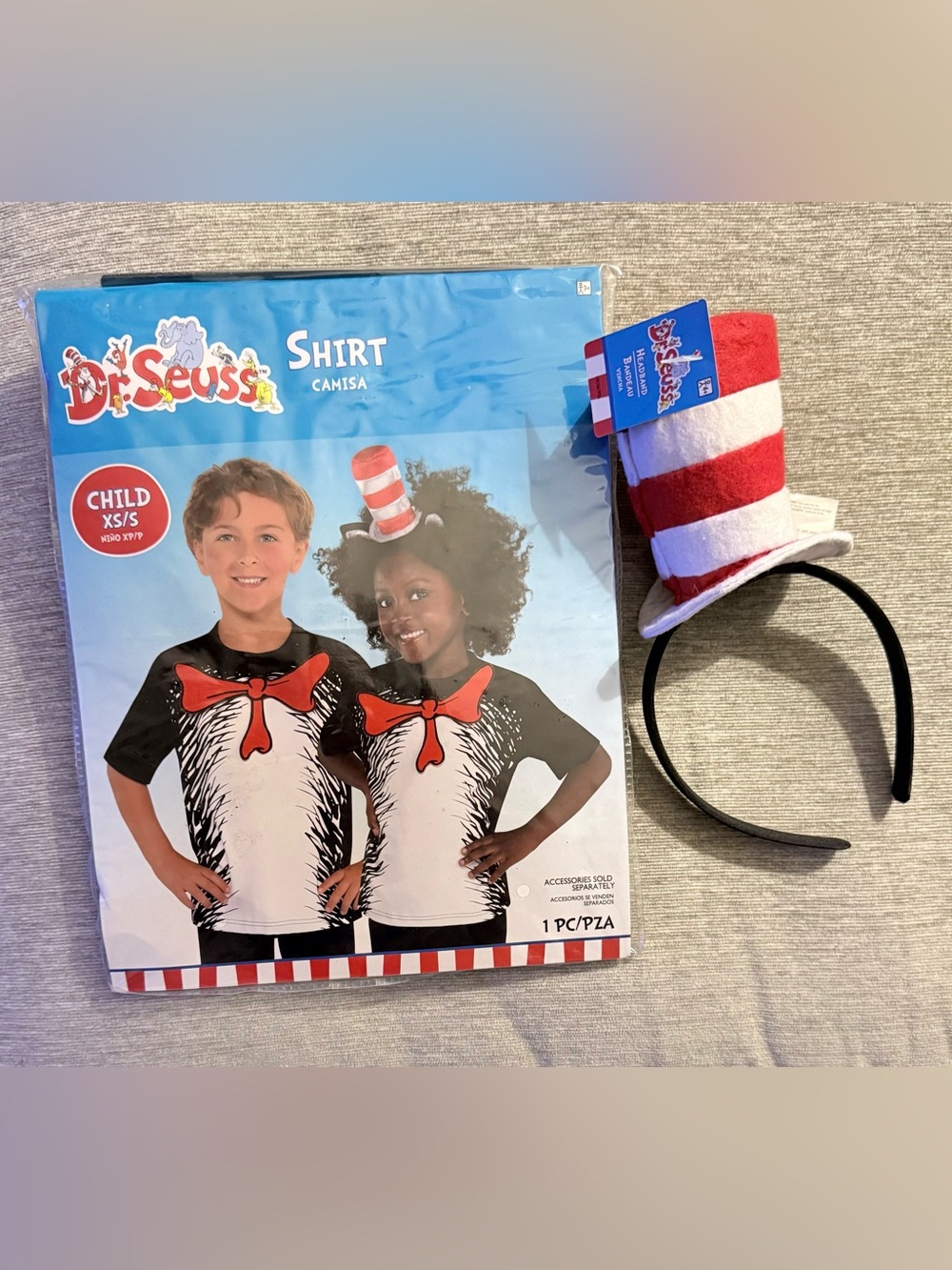 NWT Dr Seuss Cat in the Hat Shirt & Headband Set Kids XS/S Halloween Costume